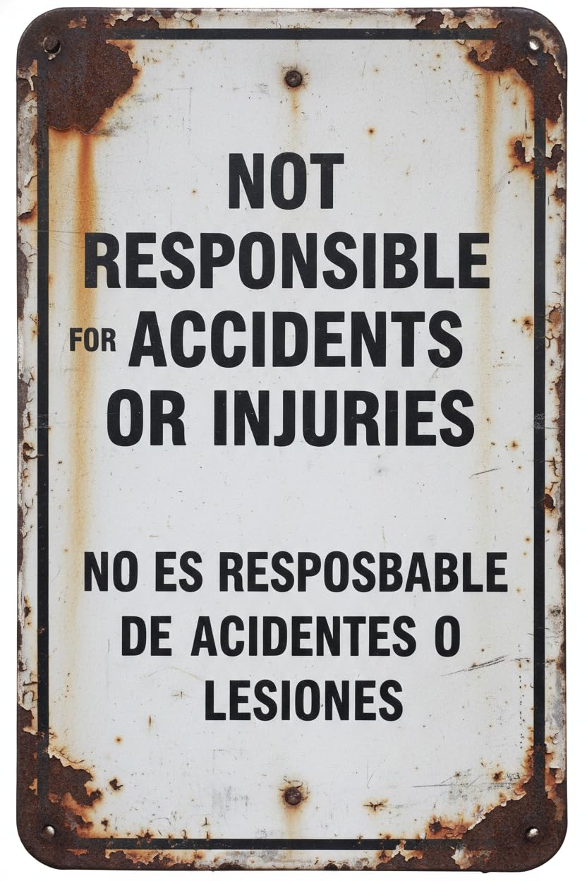 Wall Decor Not Responsible For Accidents Or Injuries Bilingual Sign - Business 8"x12" Metal Sign Plaque For Man Cave, Yard, Indoor Or Outdoor Display Vintage Signs Aluminum Plates Printed