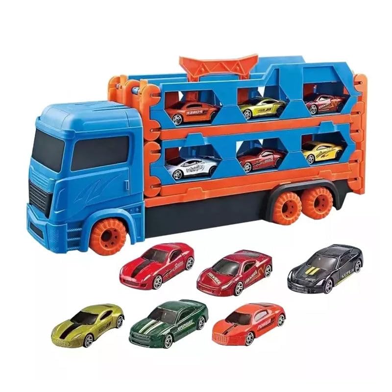 Image of WireScorts Big Hauler Transport Truck Toy with Foldable Ejection Race Track, 2 Die-Cast Cars Included, for Kids Boys 3+ Years, Blue