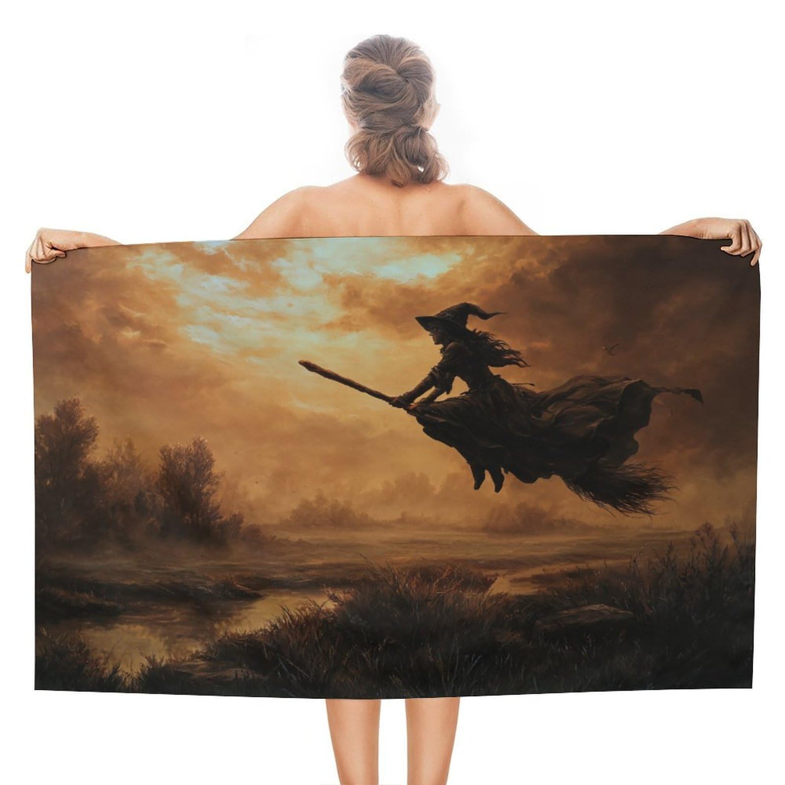 LSRCPD Witch Flying on Her Broomstick Beach Towel Sand Free Microfiber Large Shower Towels Multipurpose Absorbent for Bathroom Pool 130x80 CM