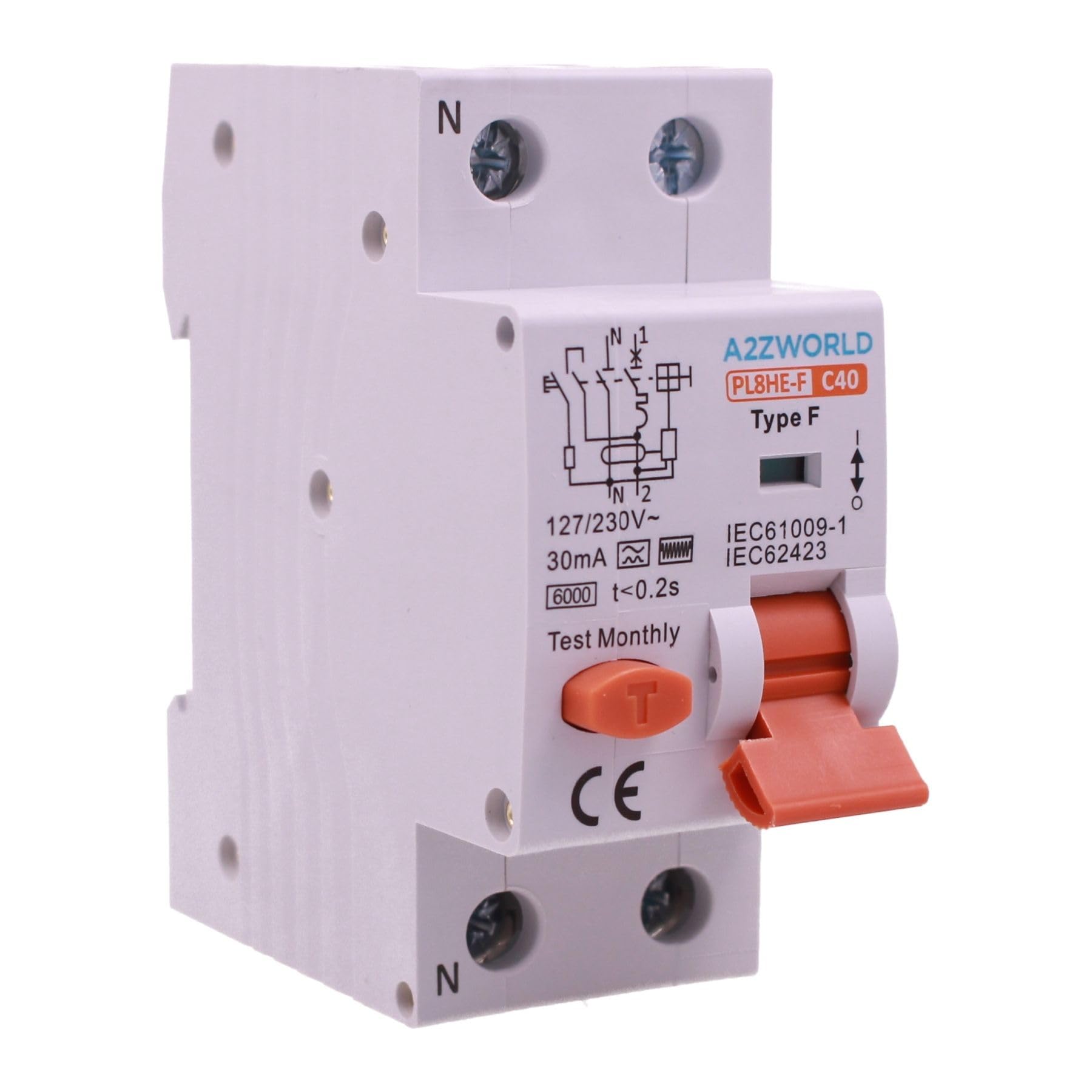 Interruptor Diferencial Magnetotérmico Tipo F 40A C40, RCBO Tipo F Curva C 6kA 30mA, 1P+N 2 Módulos DIN, Para Bombas de Calor, Acondicionadores de Aire, Lavadoras, Motores Controlados por Inverter