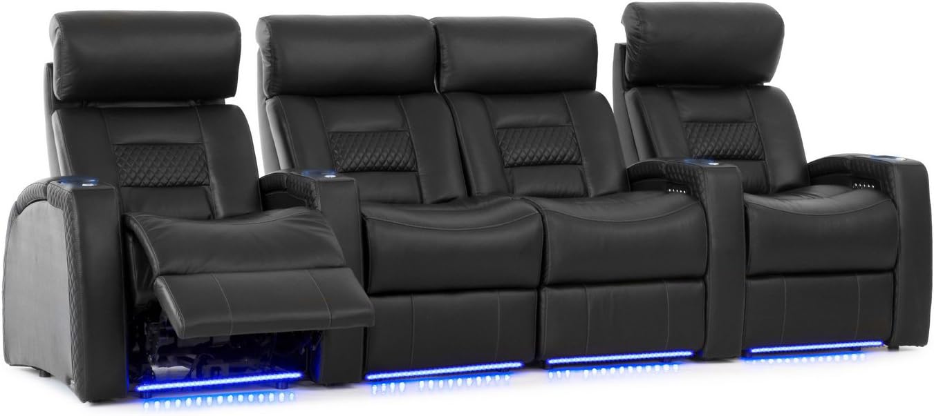 Flex HR Series Home Stadium Seating - Black Top Grain Leather - Power Recline - Motorized Headrest - Lighted Cup Holders (Row of 4 Center Loveseat)