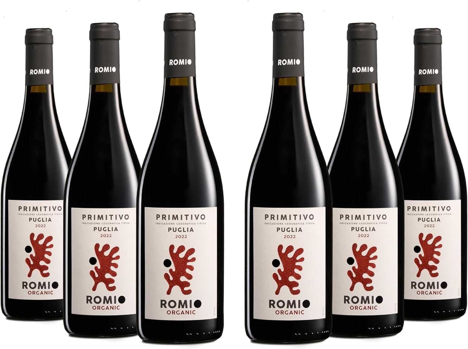 Romio Organic Rotwein Primitivo BIO Puglia IGT, Noten von Schwarzen Früchten, Gewürzen und Weißem Pfeffer, Vollmundig am Gaumen. 13,5% Vol., Karton mit 6 Flaschen mit jeweils 750 ml