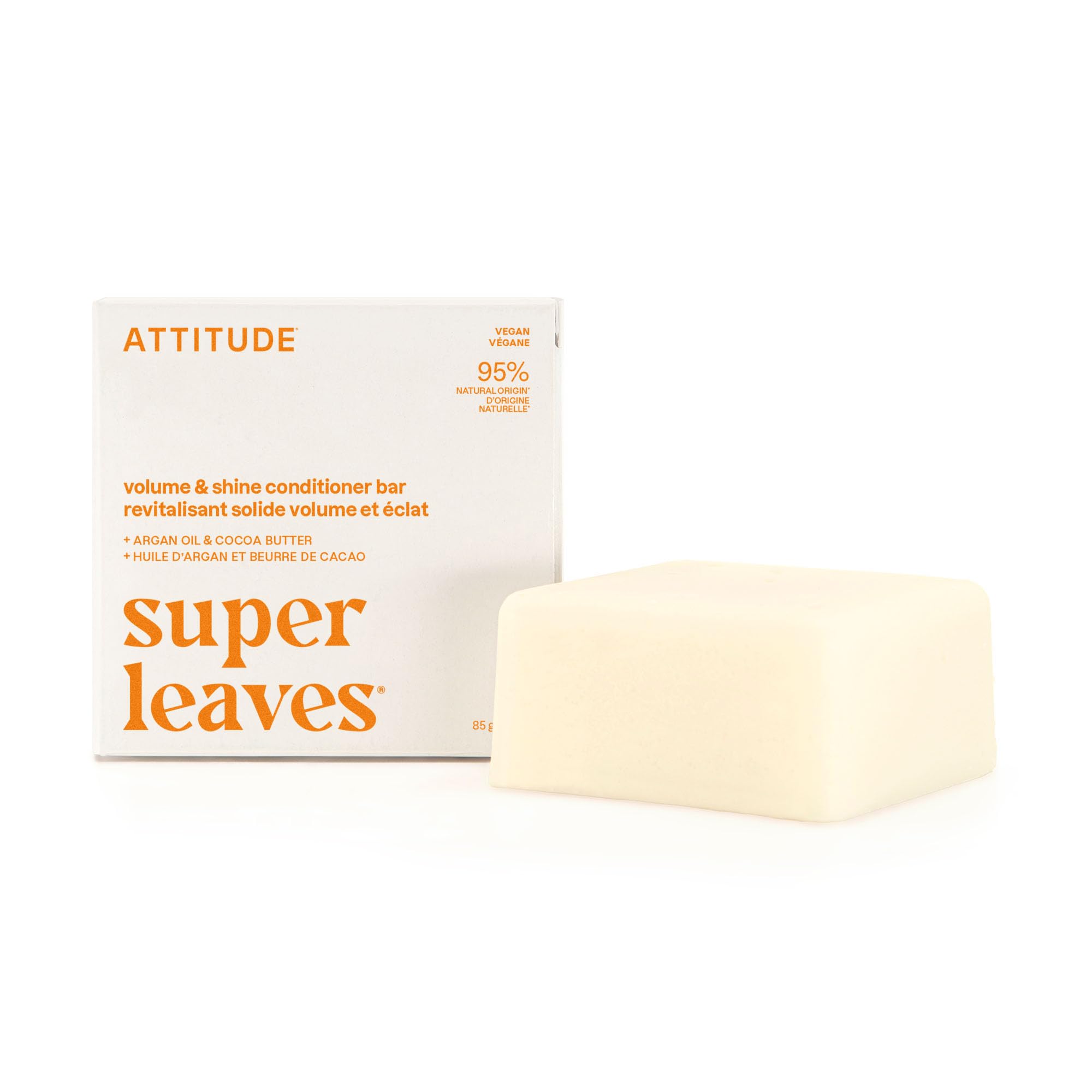 ATTITUDE Volume & Shine Conditioner Bar, Natural Origin, for Thin and Flat Hair, Argan Oil & Cocoa Butter, Clean Ingredients, Vegan, Orange Blossom &