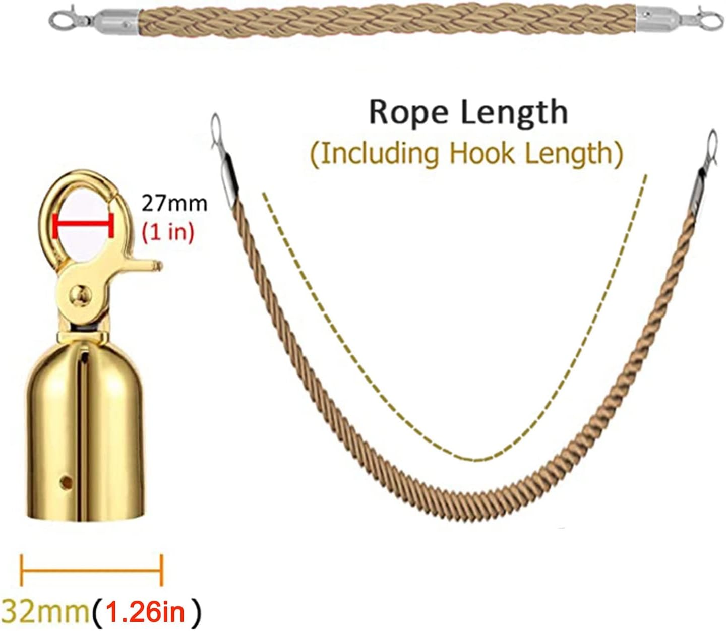 Velvet Queue Barrier Ropes for Crowd Control Stanchion Safety Ropes with Gold Hooks 3/4/5/8/10Ft Lengths Durable Hemp Rope for Event Line Management