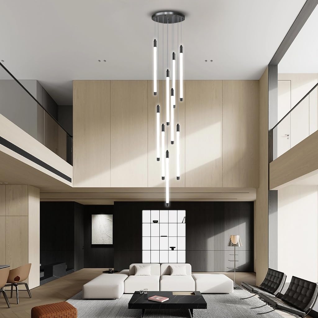 Stesulfr Chandelier Chic Decorative Acrylic Stair Light Linear Long Strip Adjustable Height LED Modern High Ceiling Pendant Light Large Villa Hanging Lamp Suitable for Living Room Dining Room Bar Ligh