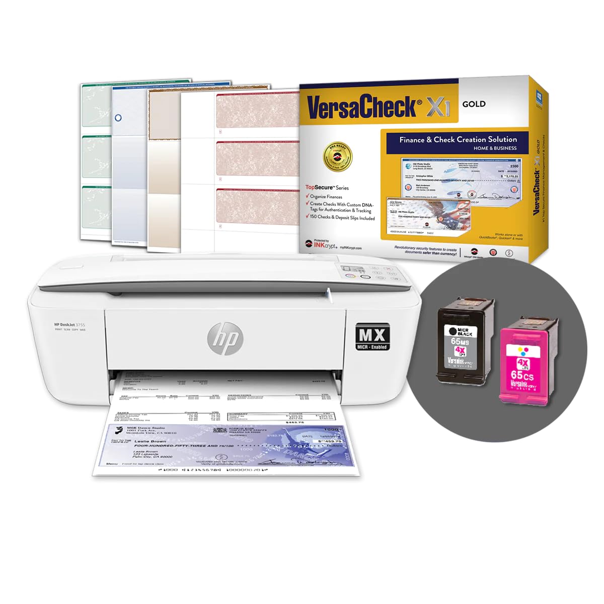 VersaCheck HP DeskJet 3755 MXE MICR All-in-One Check Printer X1 Gold Check Printing Software Bundle