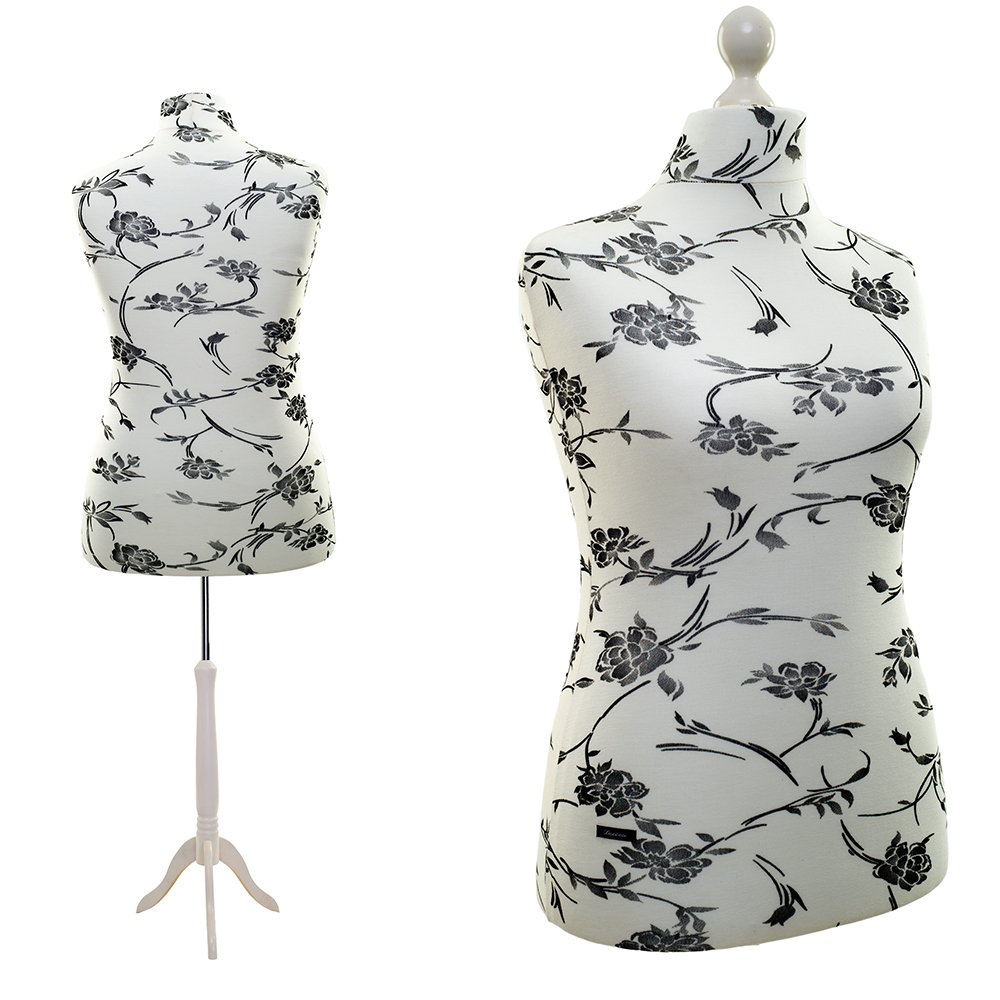 Schneiderpuppe LUCCESI / Größe S - XL (Female) / Torso Size L/XL (42-44) / Bezug Creme-Weiss/florales Muster (schwarz) / Standfuss Weiss / Damen - Schaufensterpuppe