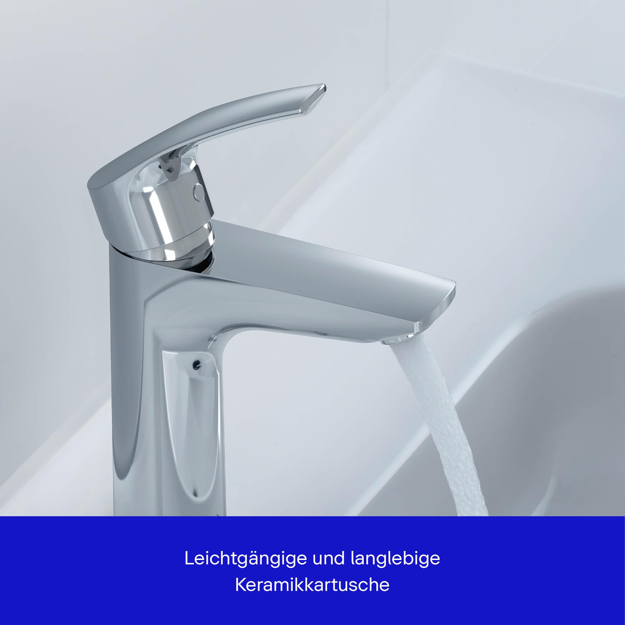 Duravit DuraVelez wassersparende Waschtischarmaturen, Größe M (Auslauf Höhe 106 mm), energiesparende Waschbecken Armatur (FreshStart), Wasserhahn Bad mit Zugstangen Ablaufgarnitur, Chrom