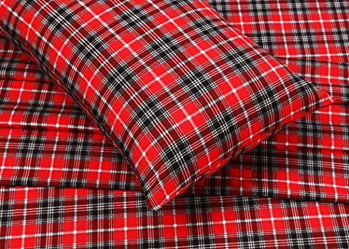 Ruvanti 100% Cotton 4 Pcs Flannel Sheets Full, Deep Pocket, Warm, Super Soft, Breathable, Moisture Wicking Full Size Sheet Sets, Bed Sheets Include Flat, Fitted Sheet,2 Pillowcase - Red Plaid #TOP4