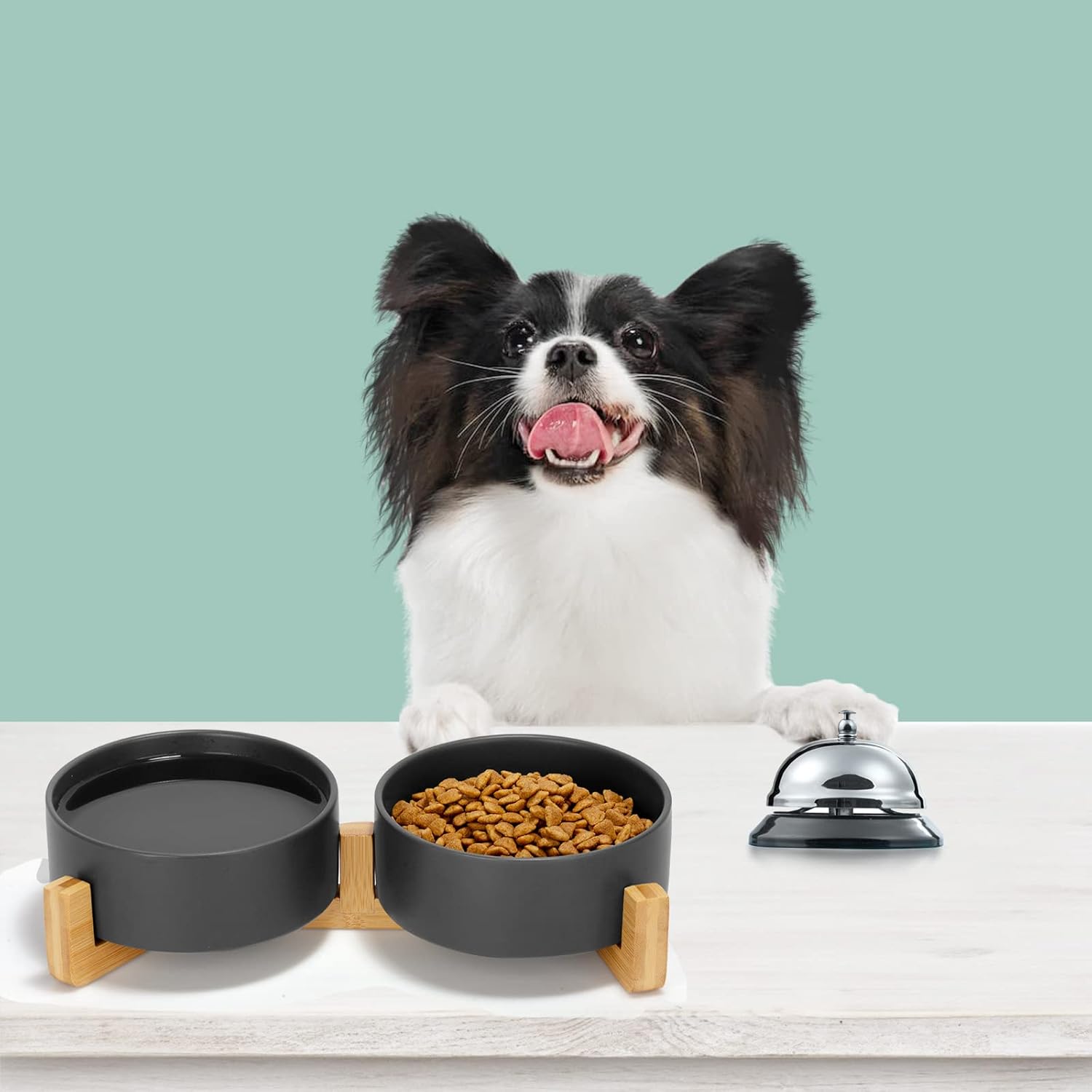1.7 Black and Wooden SPUNKYJUNKY Ceramic Dog and Cat Bowl Set with Wooden Stand, Modern Cute Weighted Food Water Set for Small Size Dogs (13.5OZ) & Medium Sized Dogs (28.7OZ) & Cats (1.7 Cups, 2 × Black