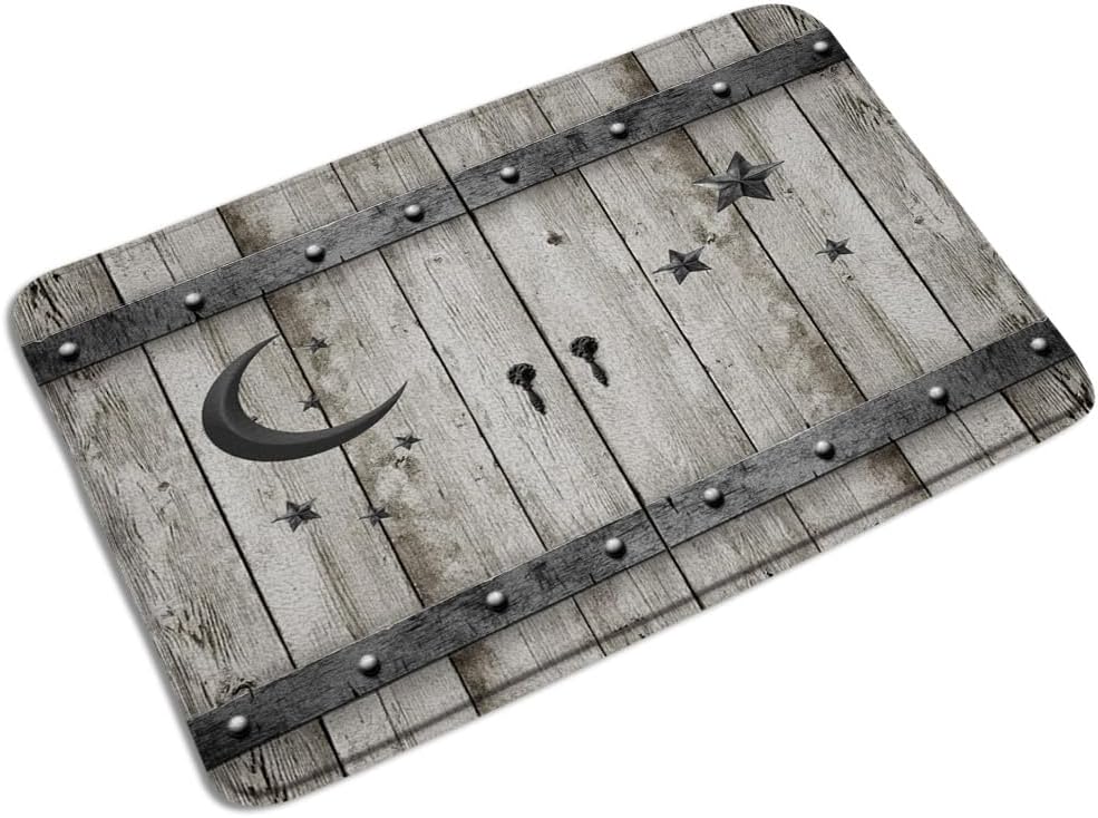 4 Piece Country Barn Door Shower Curtain Set Farmhouse Rustic Wood Islam Crescent Moon Star Modern Vintage Western Country Grey Wooden Plank Bathroom Rug Toilet Lid Cover Bath Mat U-Shaped Floor Rugs
