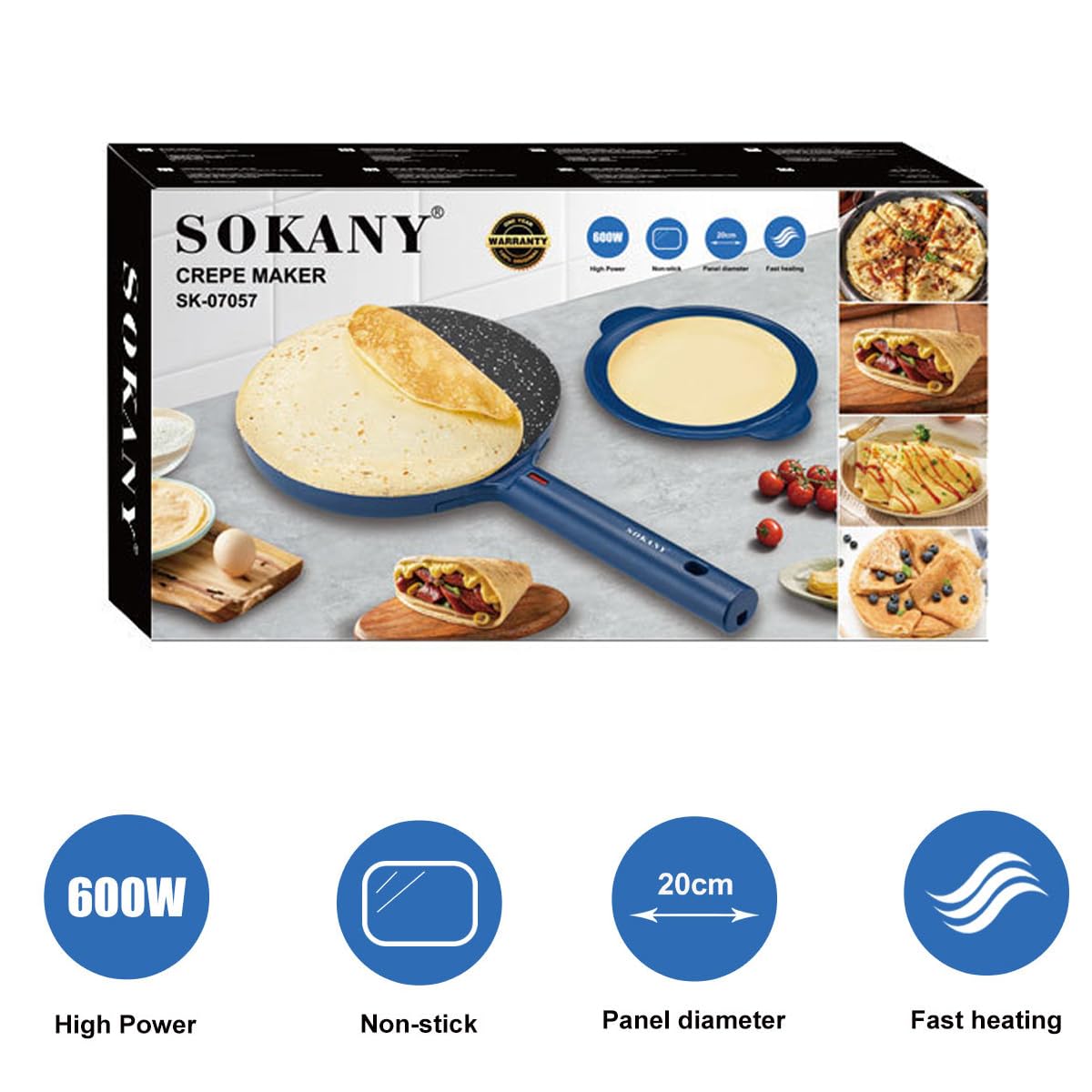 SOKANY SK-07057 Crepiera elettrica con Manico - Crepes Maker, Crêpes Maker Antiaderente, Temperatura automatica, Diametro 20 cm, Piastra Crepes Macchina Portatile