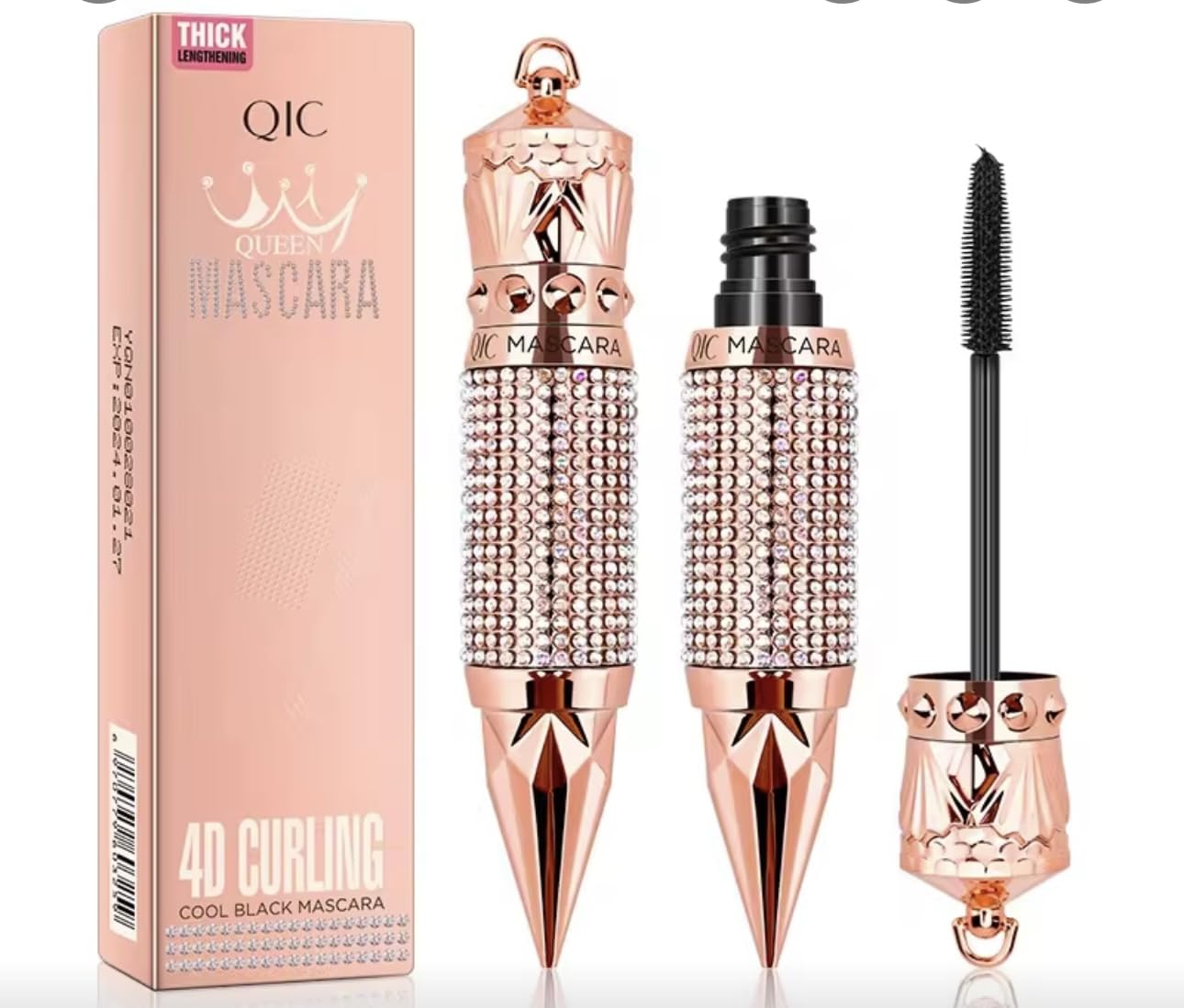 Queen 4D Curling Mascara, Thick Lengthening Formula, Rose Gold Crystal Design, Bl Queen 4D Curling Mascara, Thick Lengthening Formula, Rose Gold Crystal Design, Bl