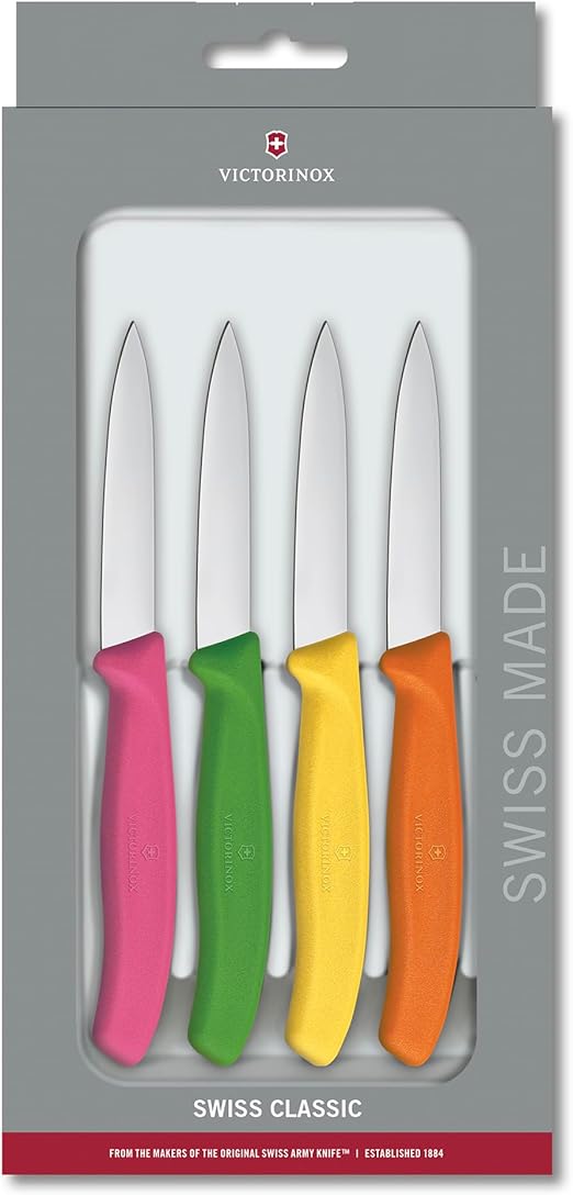 Victorinox 1 4-Piece Set of 3.25 Inch Swiss Classic Paring Knives with Straight Edge, Spear Point, 3.25", Pink/Green/Yellow/Orange