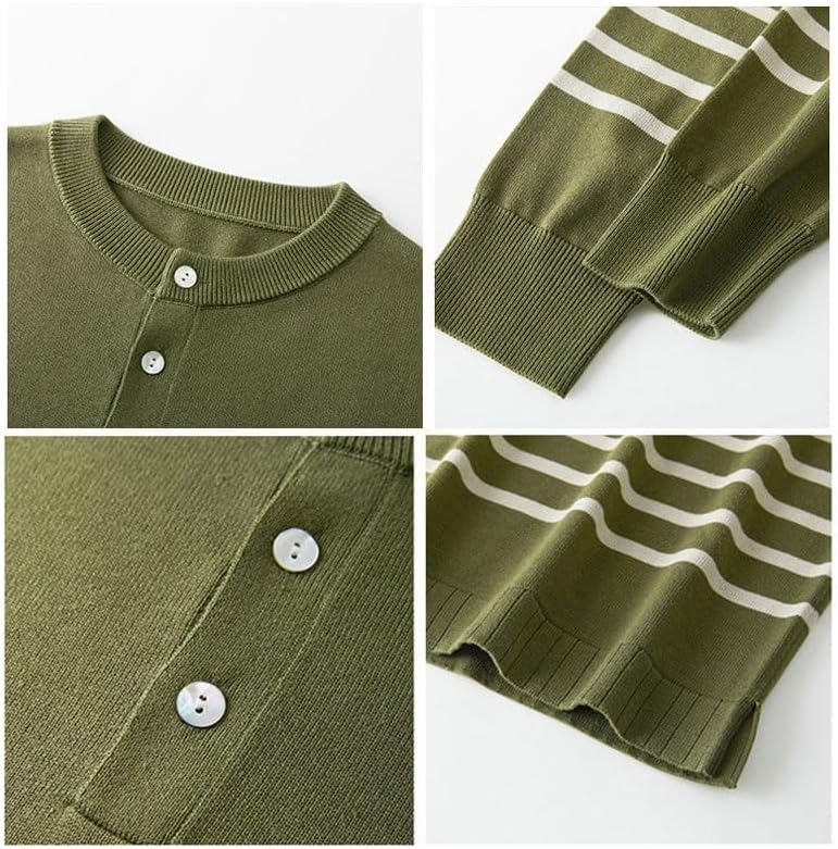 Round Neck Button Contrasting Striped Knitted Sweater Pullover Casual