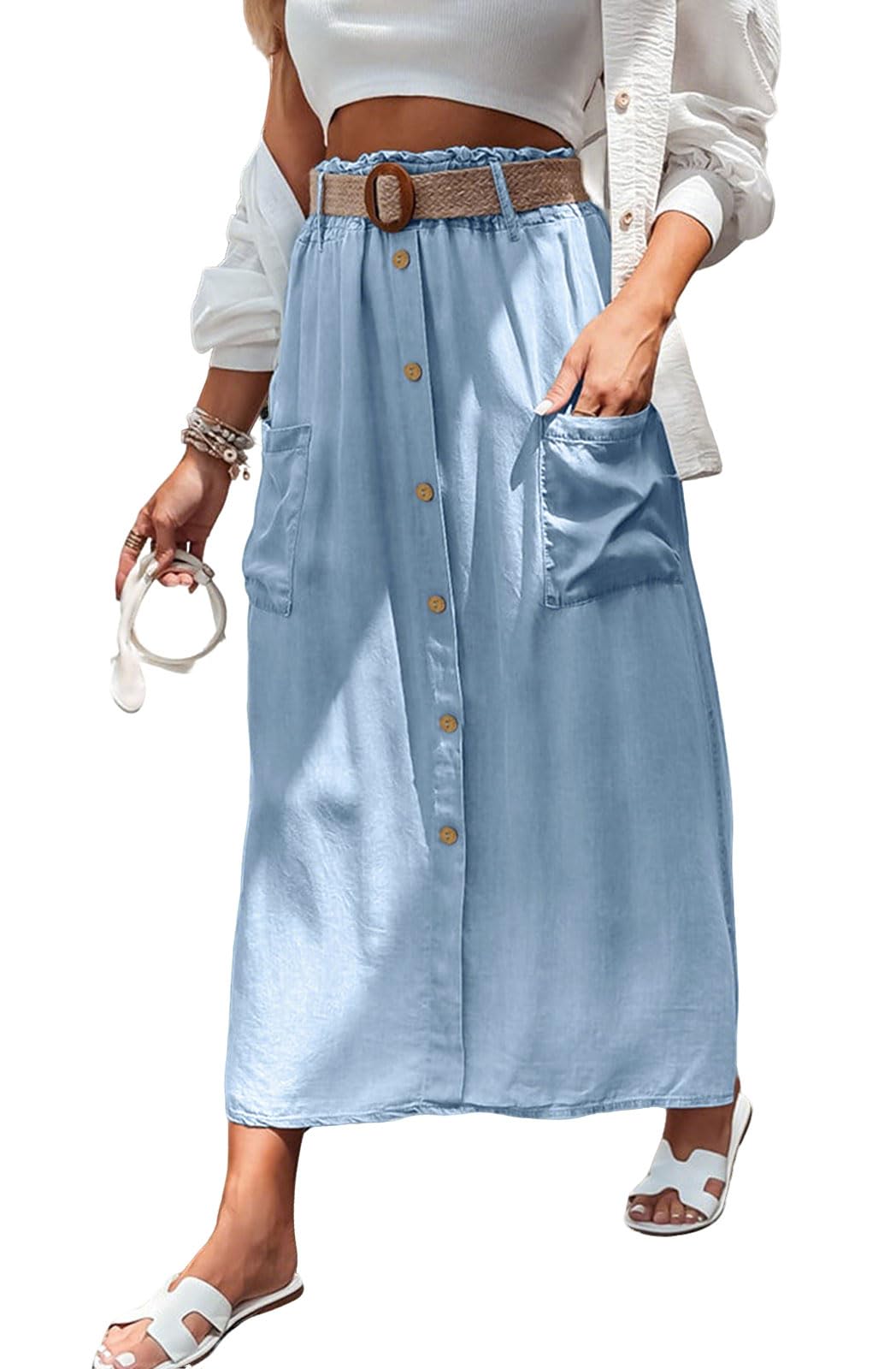 loveimgs Jupe longue d'été en Tencel fluide pour femme - Taille élastique - Coupe trapèze - Avec boutons - Volants - Style bohème léger