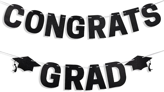 Pre-Strung Glitter Congrats Grad Banner Black Class of 2026 Graduation Decorations for 2026 Graduation Party Decorations Supplies