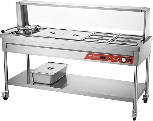 Miniatura 10 de VEVOR Calentador de alimentos comercial, 8 sartenes + 2 ollas, mesa de vapor eléctrica, calentador de alimentos profesional de 1800 W con ruedas de