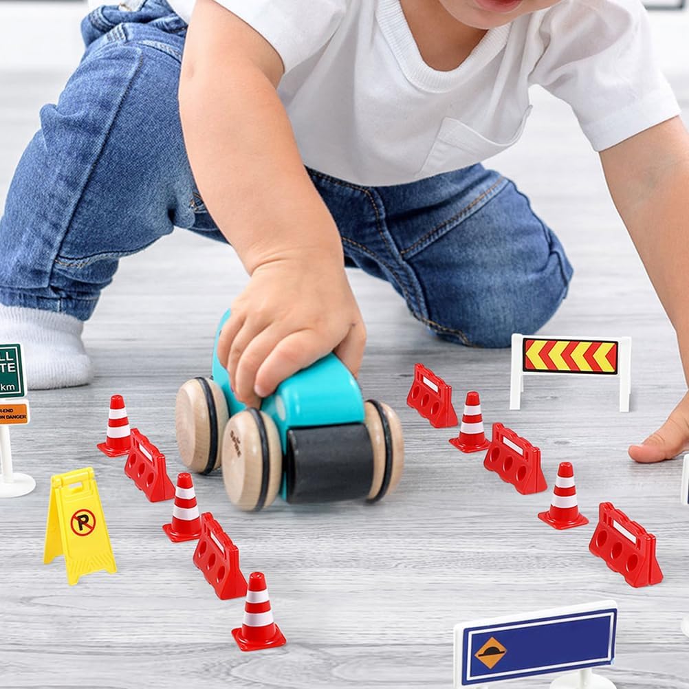 NUOBESTY Mini Traffic Signs Set Mini Traffic Cones Construction Toys Plastic Street Yellow Warning Stop Signs Tiny Trash can Playset Safety Education Toy for Kids Party Favors 25pcs