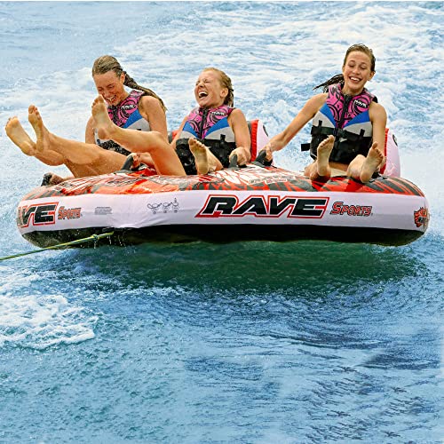 RAVE Sports Warrior 3 Inflatable Boat Towable Tube, 1-3 Riders, Stable Hammock-Style Seats with Backrest, Durable Nylon Cover, Neoprene Padding, Foam-Filled Reinforced Handles
