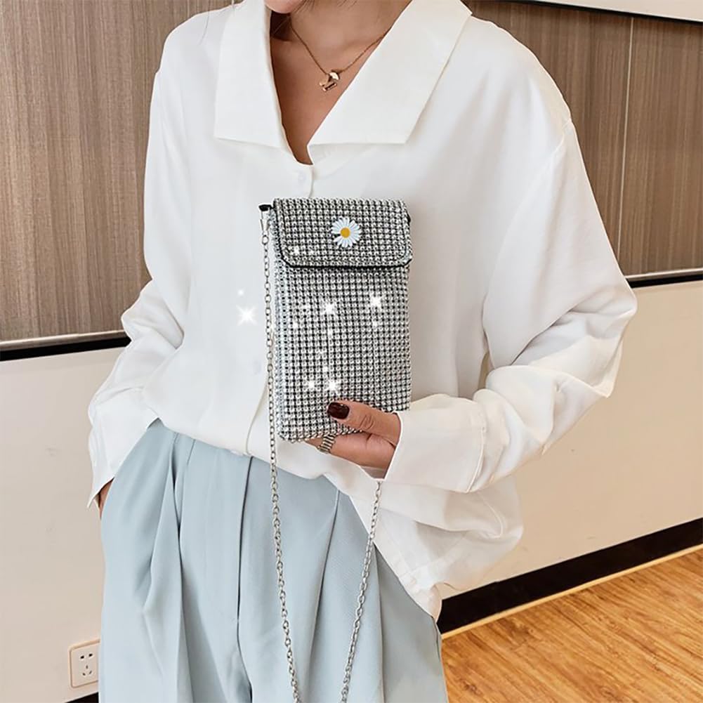 Women's Glitter Rhinestone Crossbody Bag, Floral Vertical Crystal Diamond Shoulder Purse, Evening Cell Phone Pouch For Prom