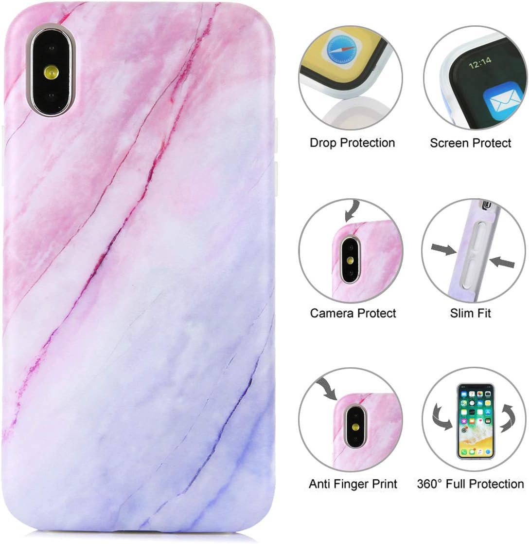 TRENSOM iPhone Xs Case iPhone X Case White Marble Pattern IMD Hybrid Shockproof Pink Blue Marbling Pattern Protective Cover for Women Girls Men Boys