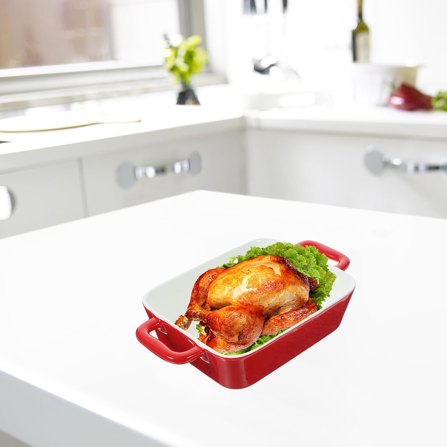 Ceramic Baking Dish with Dual Handles 22X12X5Cm Rectangular Oven Bakeware White Interior Red Hollow Handle Kitchen Serving Tray for Home Baking