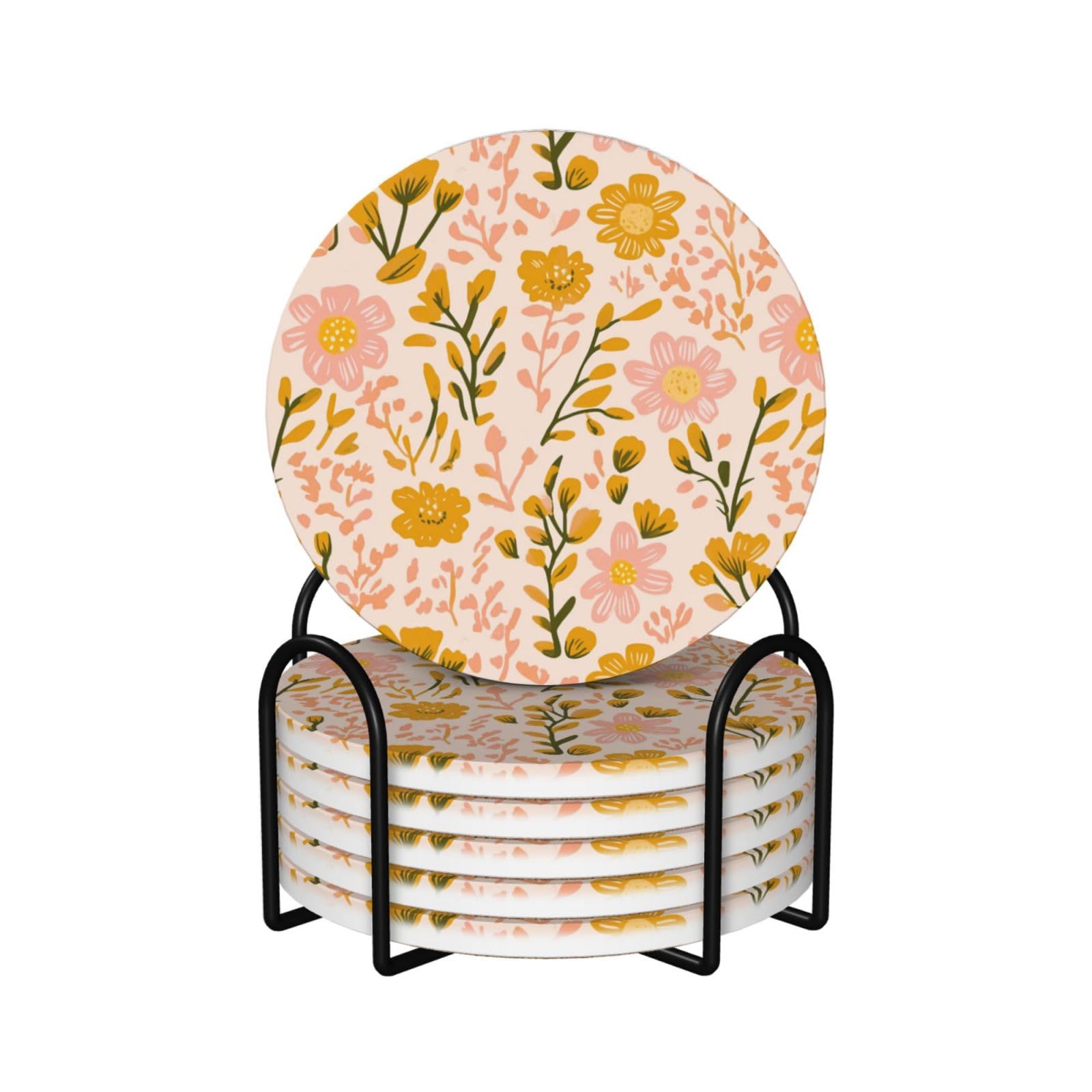 Retro Pink Yellow Flower Boho Cottagecore Ceramic Coasters with Holder 6ps