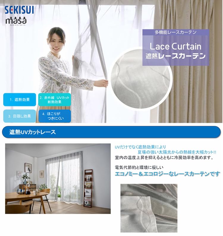 Amazon｜セキスイ遮熱 レースカーテン 波模様 2枚組 洗剤JOE30g
