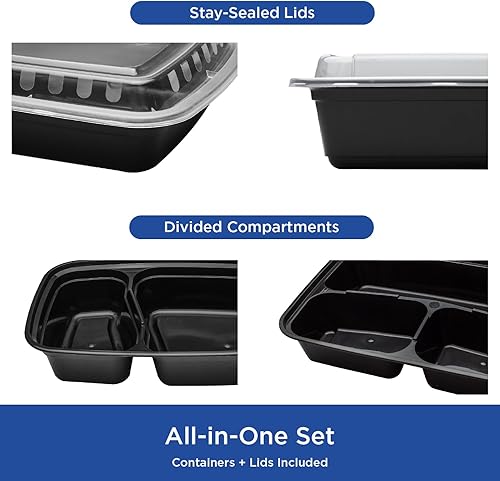 Miniatura 7 de Karat im-fc1030b-2C 38oz PP Moldeo por inyección microondas contenedores de alimentos con tapas transparentes 2compartimentos rectangular negro