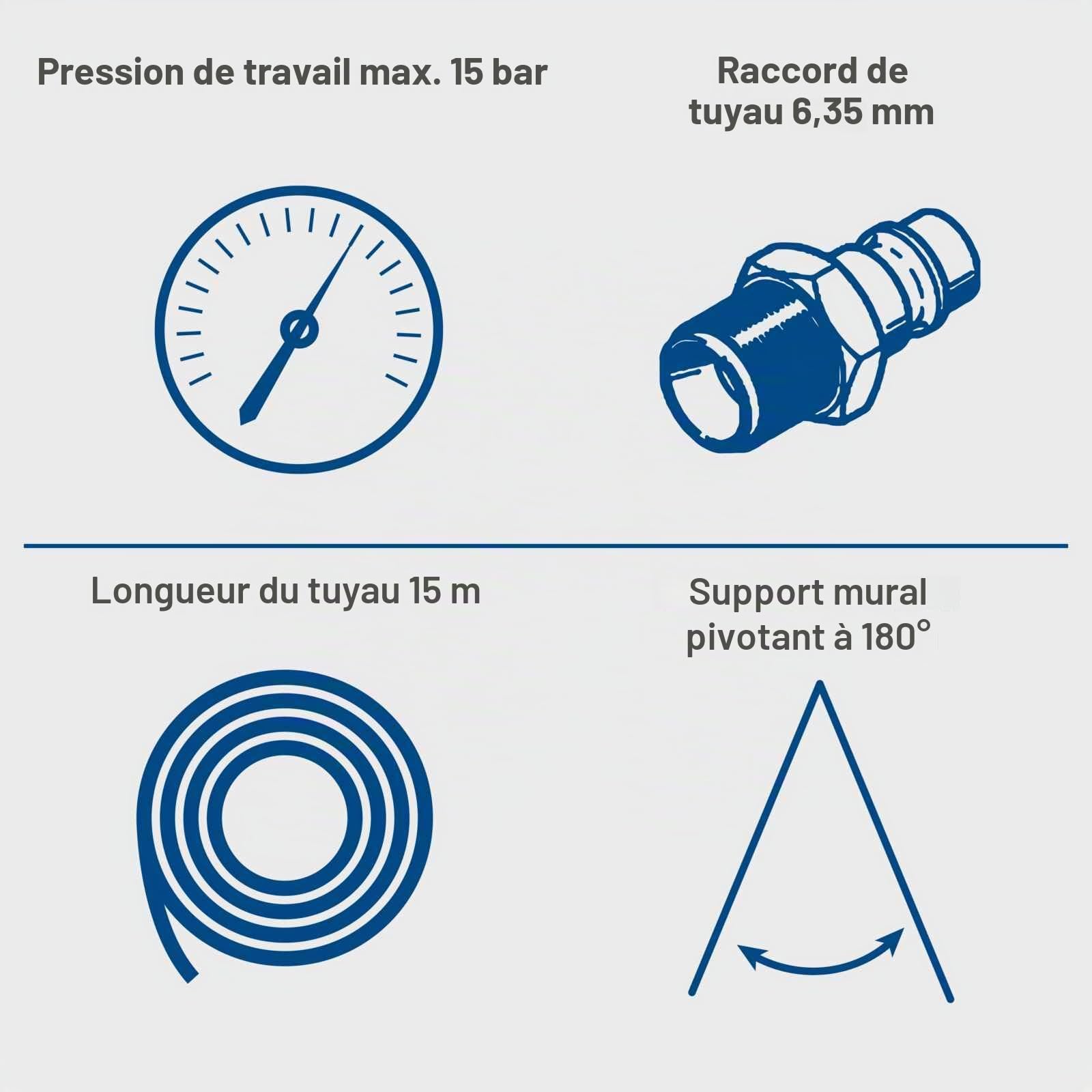 Scheppach Enrouleur de tuyau d'air comprimé - 15 m - Pression de travail : 15 bar - Diamètre intérieur : 9,3 mm - Diamètre intérieur : 15,3 mm - Orientable à 180 ° - Portable - Avec arrêt automatique