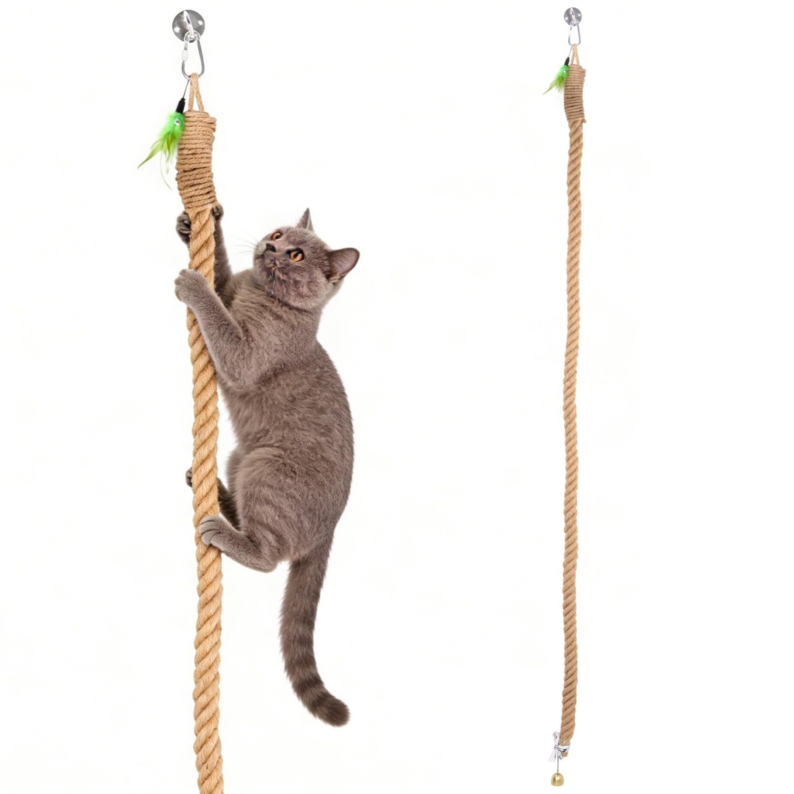 6.5 ft Natural Hemp Cat Climbing Rope with Teaser Feather & Gold Bell - Wall or Ceiling Mounted Scratching & Play Rope for Indoor/Outdoor Use