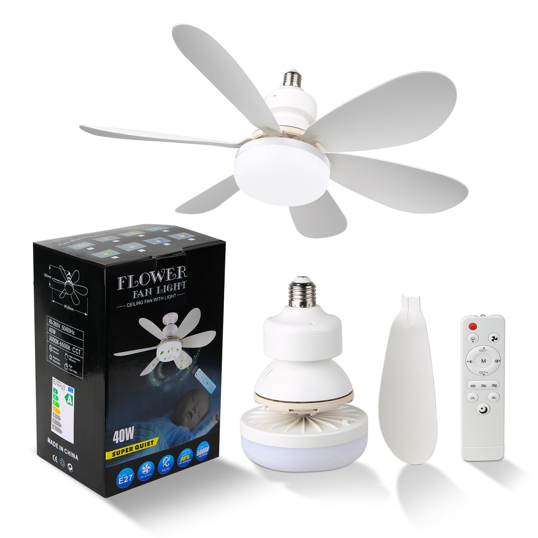 CANMEIJIA Ceiling Fans with Light E27 White Dimmable Fan Light 40W 52cm