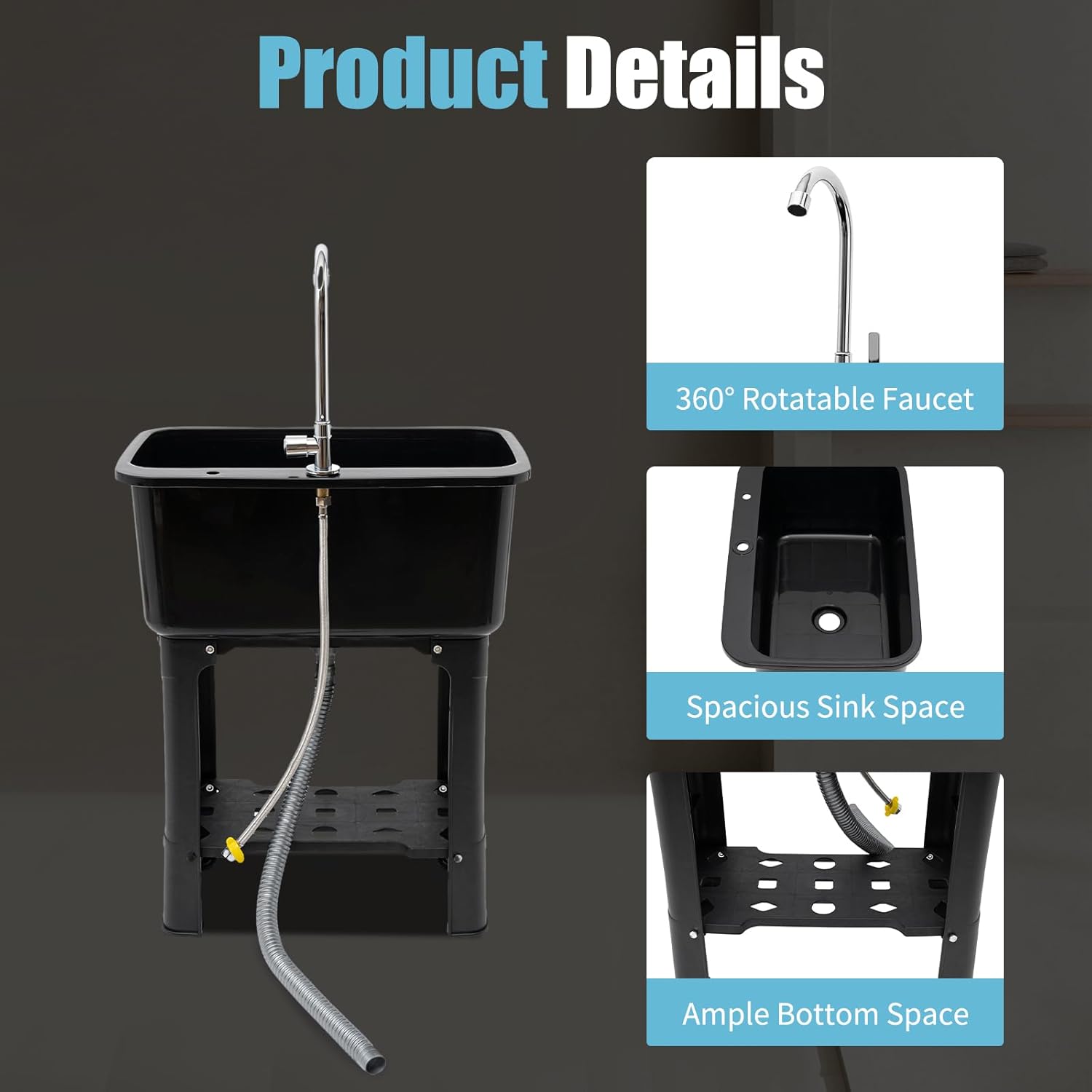 Utility Sink Laundry, Sanitation Station Indoor Outdoor Utility Sink with 360° Rotating Faucet Garden & Kitchen Sink, Laundry Tub for Utility Rooms, Laboratories, Canteens (BLACK)