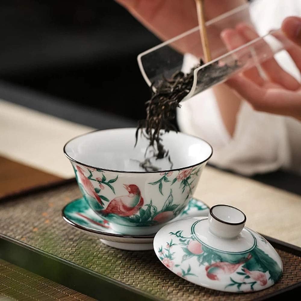 Chinese Traditional Tea Bowl,Jingdezhen Gaiwan Multicolor Branch Bird Tureen Ceramic Tea Cup Bowl Home Decor Teaset