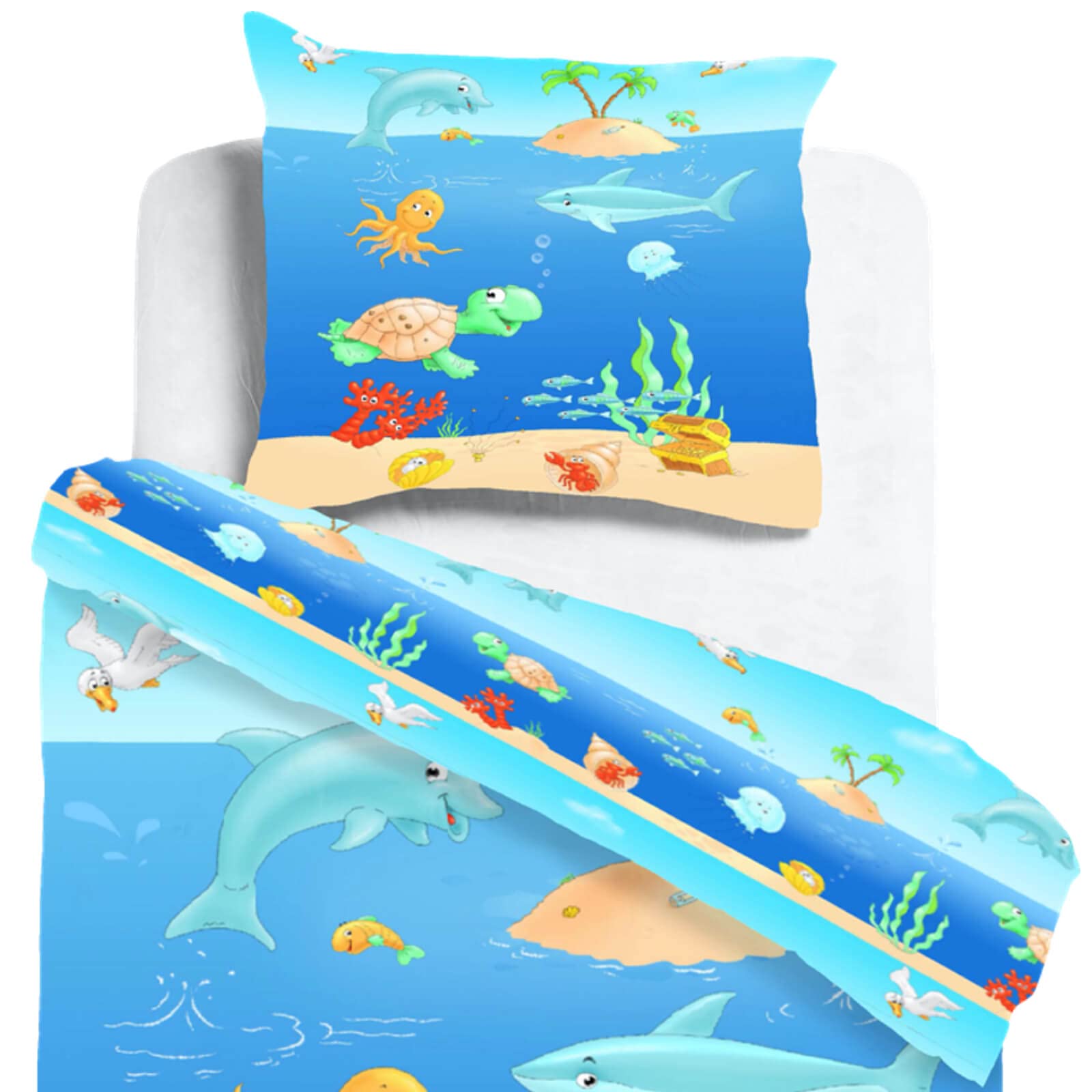 Kinderbettwäsche Sleep and Dream Lustige Meerestiere Fische Delfin Schildkröte Strand Renforcé, Größe:135 cm x 200 cm