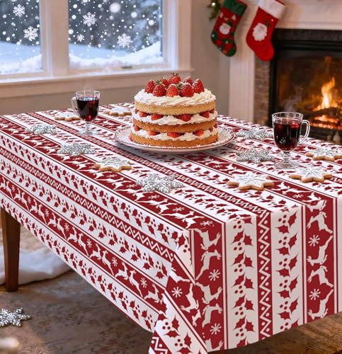 HEIPINIUYE 3 Pack Christmas Tablecloth Disposable 54 x 108 Inch Red and White Xmas Plastic Table Cloth Disposable Rectangle Table Cover for Christmas Birthday Picnic Party Xmas Tablecloths