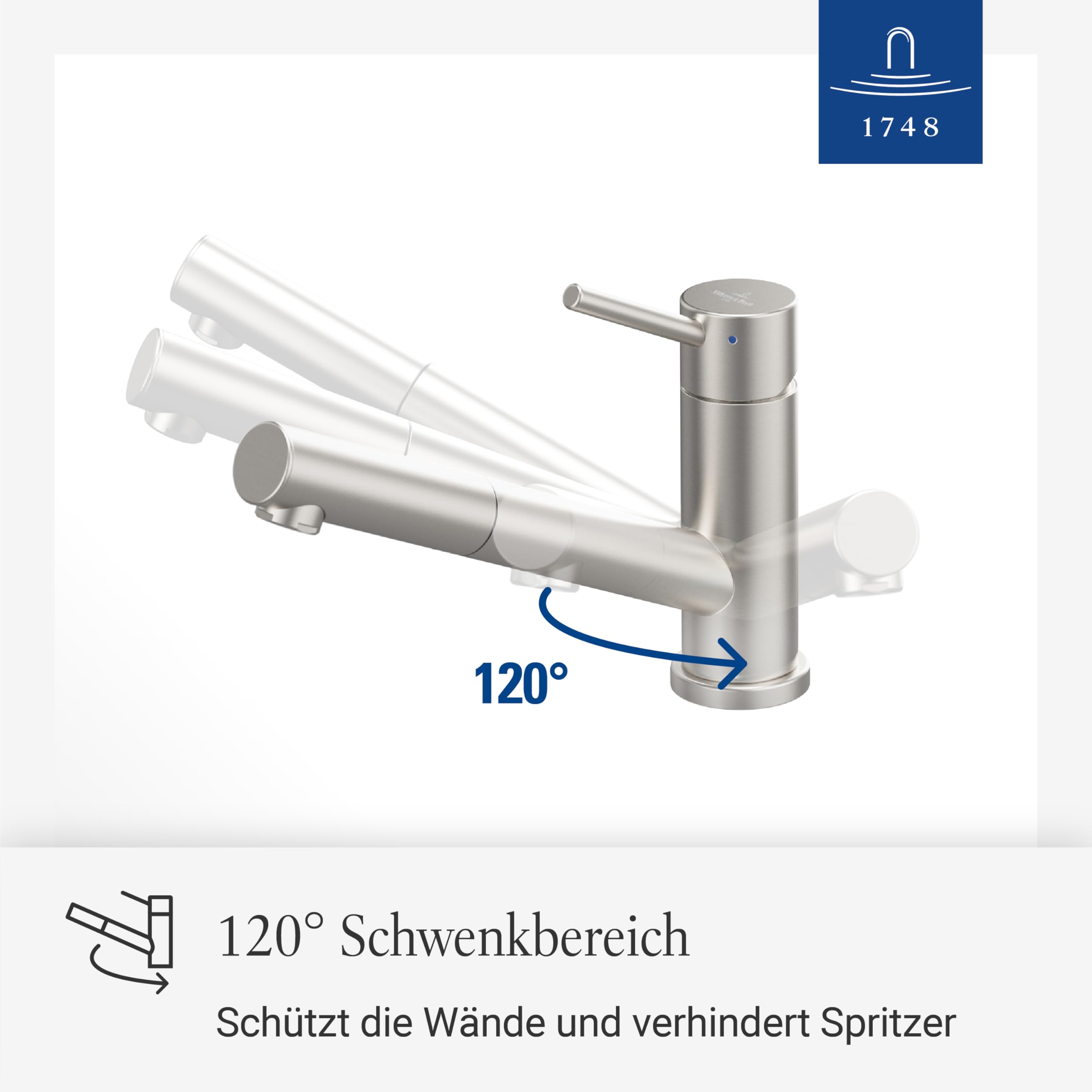 Villeroy & Boch Como Shower Küchenarmatur, Hochdruck, Wasserhahn Küche mit ausziehbarer Brause und 120° Schwenkbereich, Spültischarmatur wassersparend, Auslauf Höhe 120mm, Edelstahl massiv