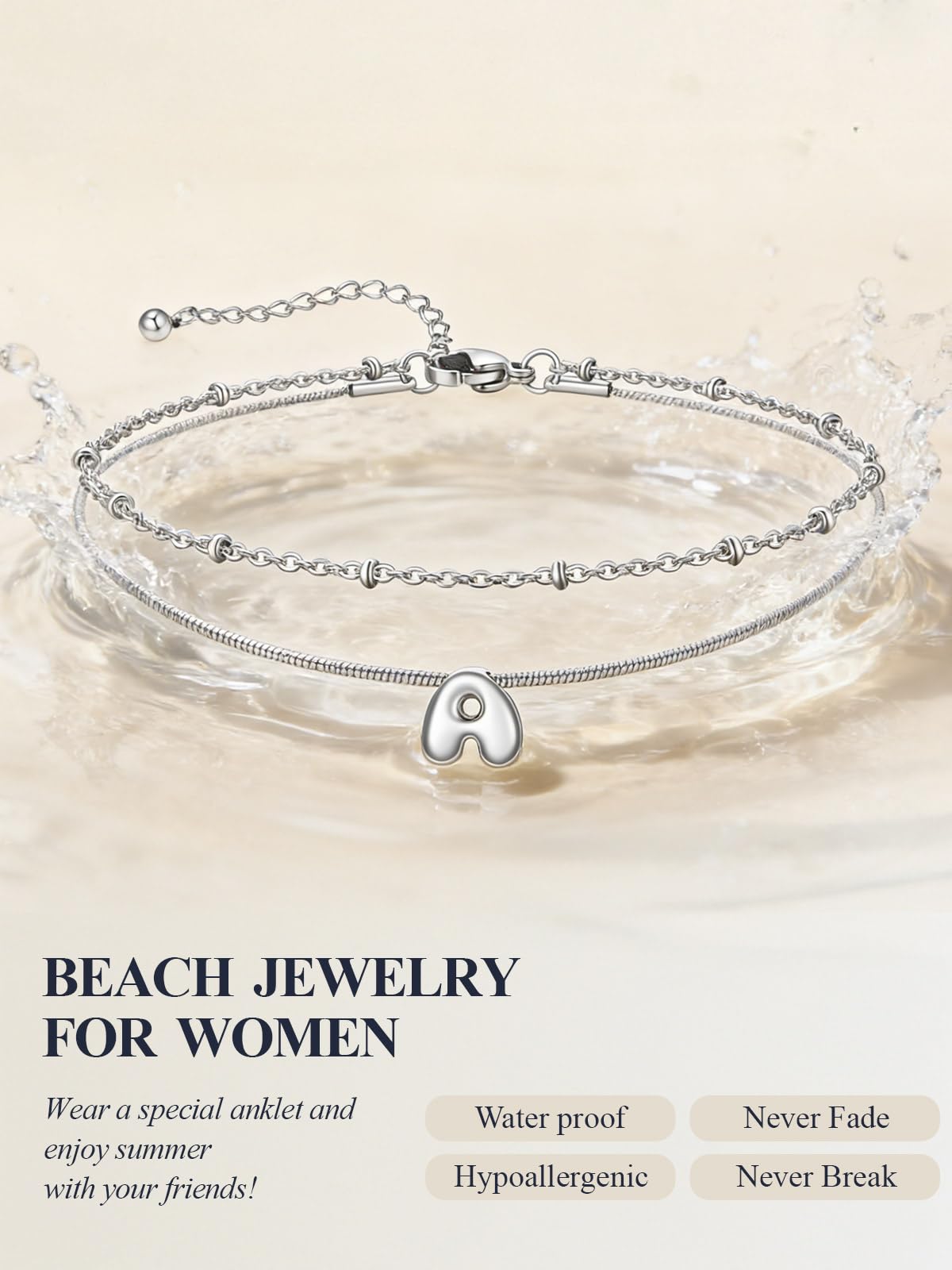 U7 Bracciale Cavigliera Donna con Ciondolo Iniziale A-Z Personalizzato in Acciaio Inossidabile, Doppio Strato con Lettera Colore Argento/Oro Lunghezza 22+5cm, Gioielli Impermeabili per Estiva