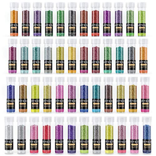 Arteza Glitter Set of 48 Shaker Jars, Colors Glow Under UV Black Light, Extra Fine, All Purpose for Body, Face, Slime, Crafts
