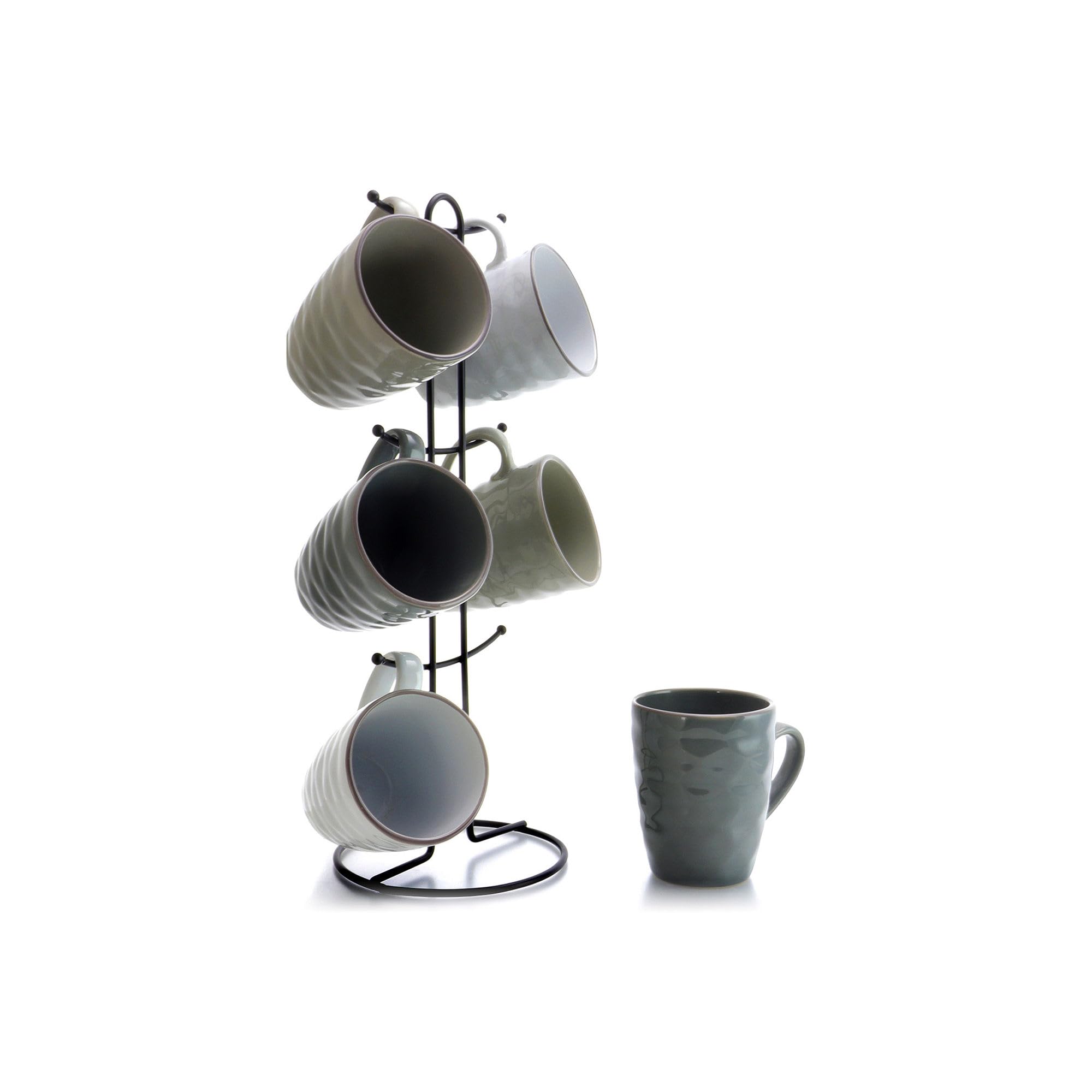 Elama Tahitian Waves 6 Piece 12 oz Mug Set in Assorted Tones with Complimentary Stand