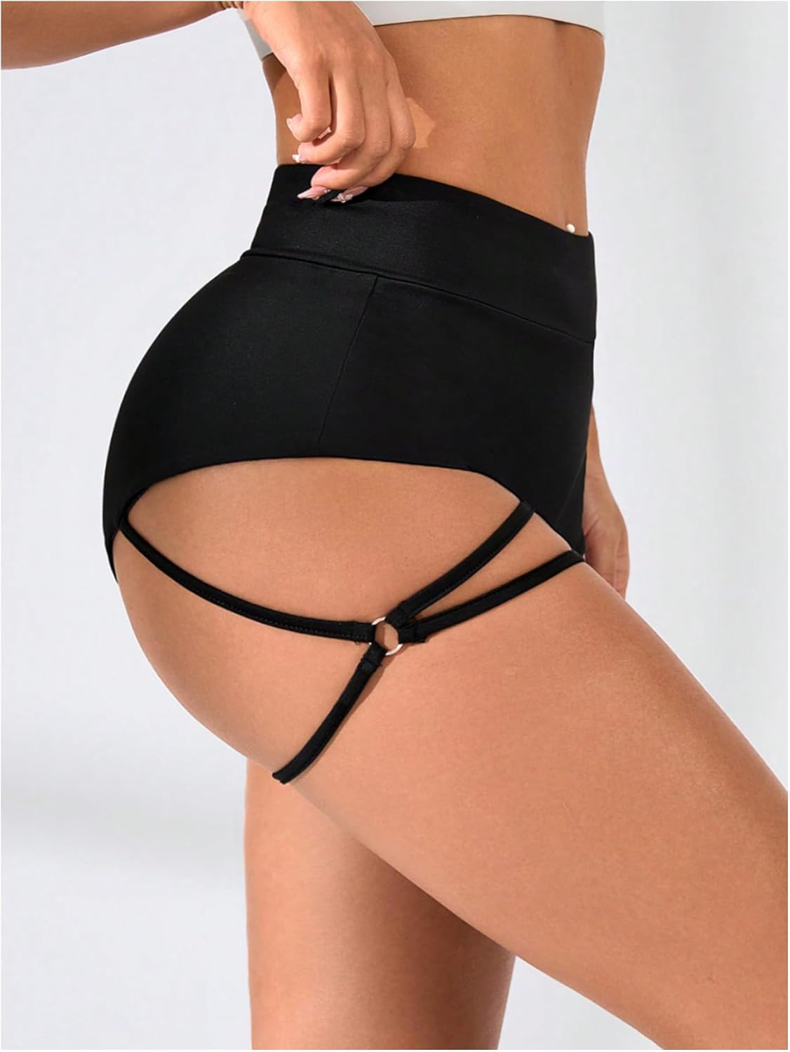 OYOANGLE Women's Ring Linked Cut Out High Waisted Biker Shorts Stretchy Workout Athletic Gym Shorts - Image 4