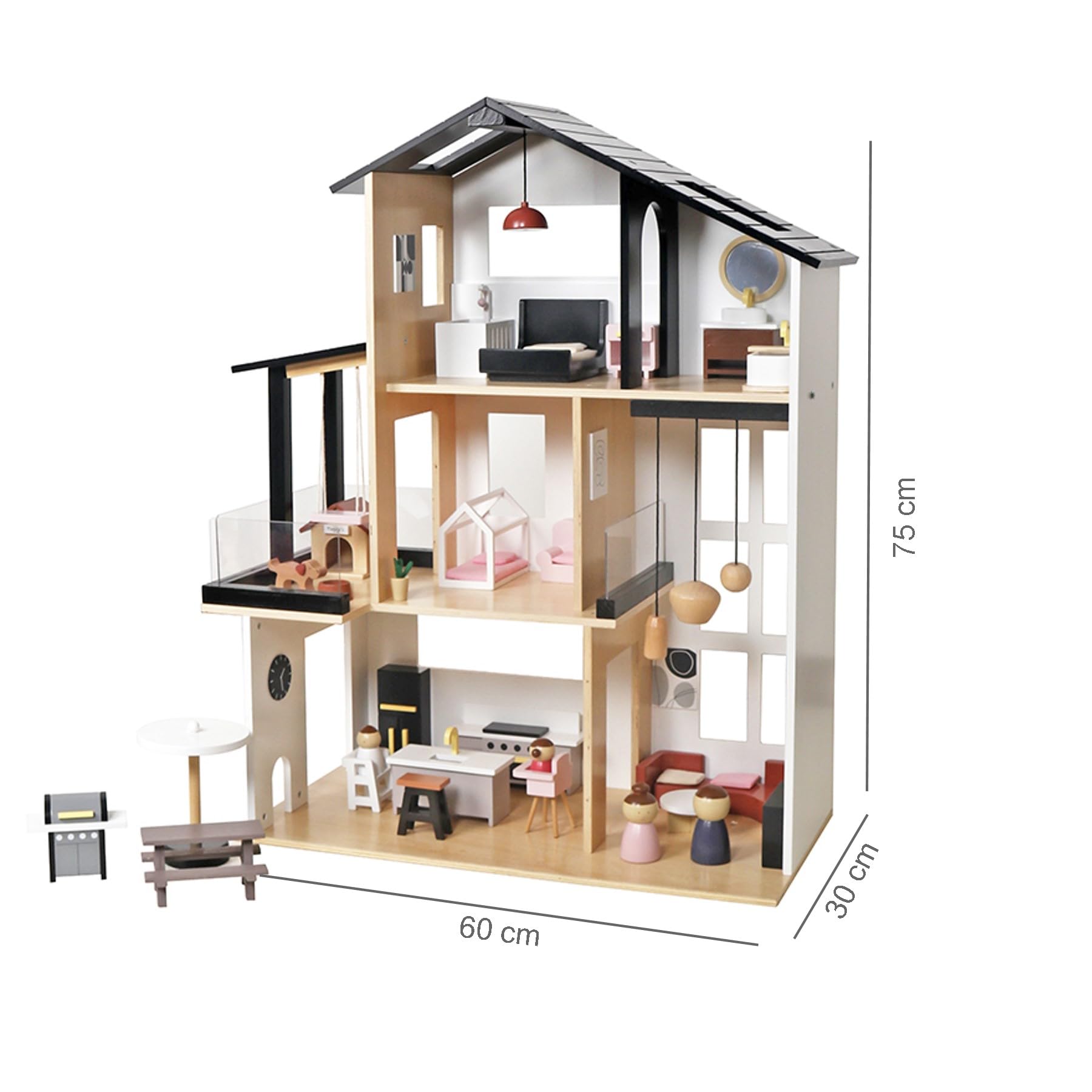 Modernes Puppenhaus Villa aus Holz mit 49-TLG Möbelset & Spielfiguren, inkl. Hundezimmer, Große Stadtvilla für Kinder, Skandinavisches Design, Puppenhausmöbel Set komplett möbliert, Schwarz-Weiß