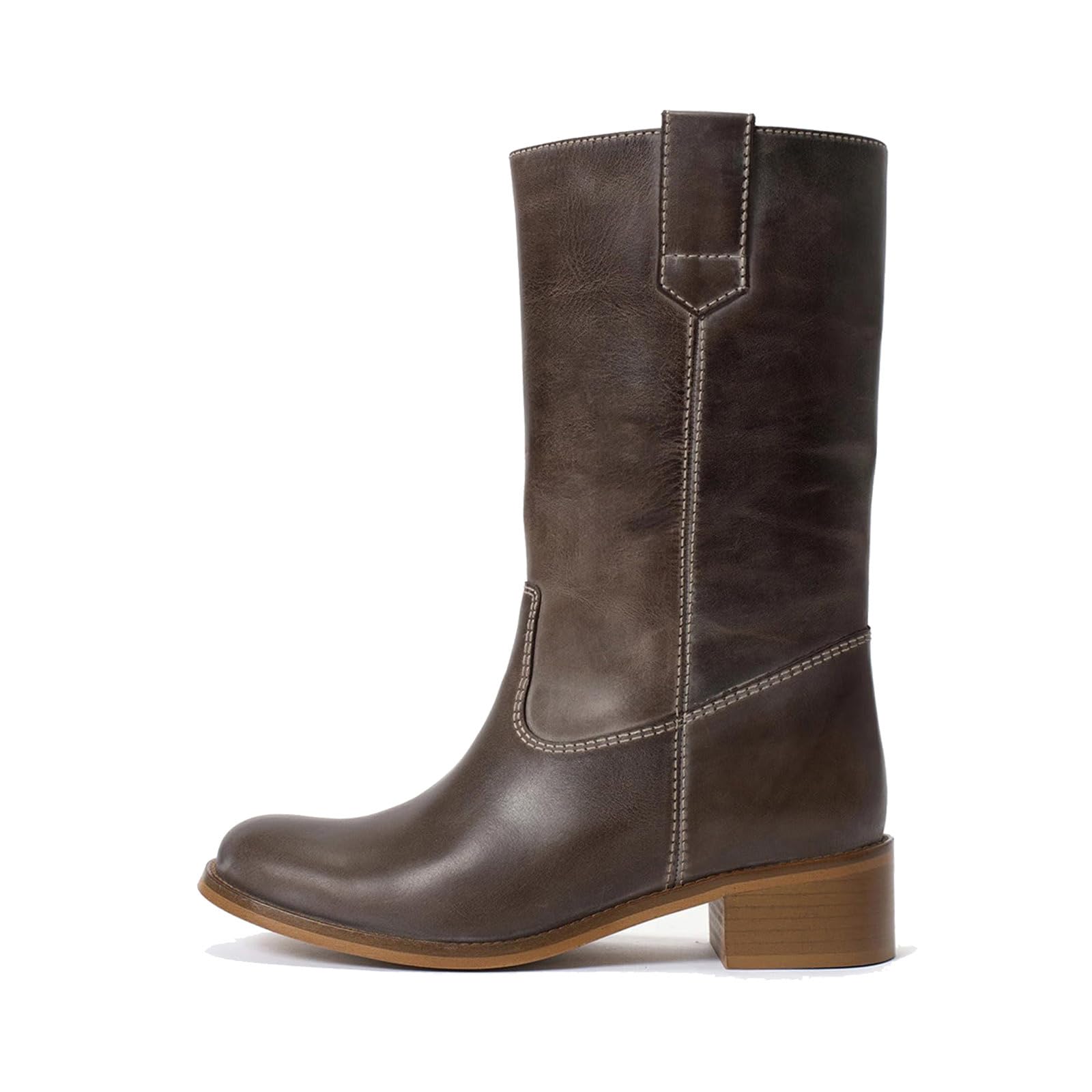 Mid Calf Boots for Women Chunky Block Heel Pull On Boots Round Toe Low Heel Trendy Stylish Riding