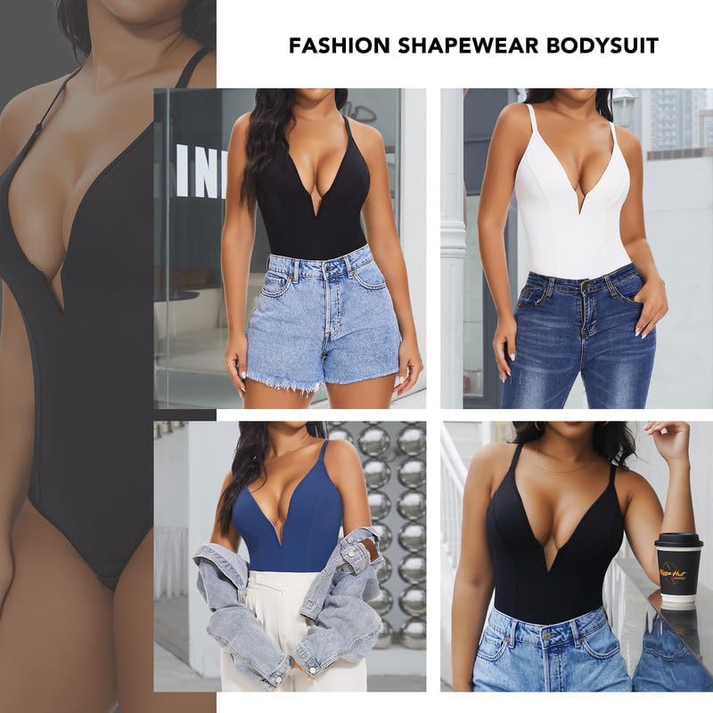 SHAPERIN Women's Deep V Neck Bodysuit Double Lined Plunge Tummy Control Shapewear Thong Body Suits Backless Cami Tank - Image 5