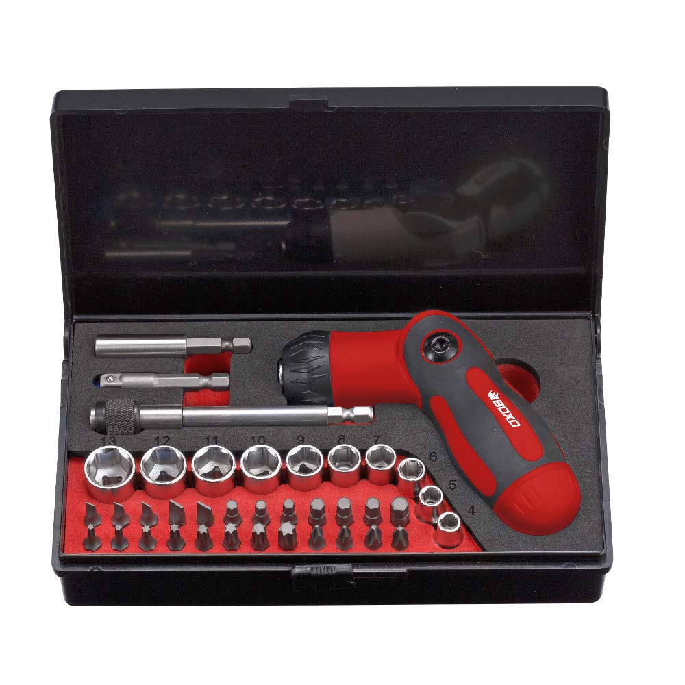 Ratcheting Screwdriver Set 1/4" Sockets & Bits 38 Pcs. BOXO BXB-SCW-RC38