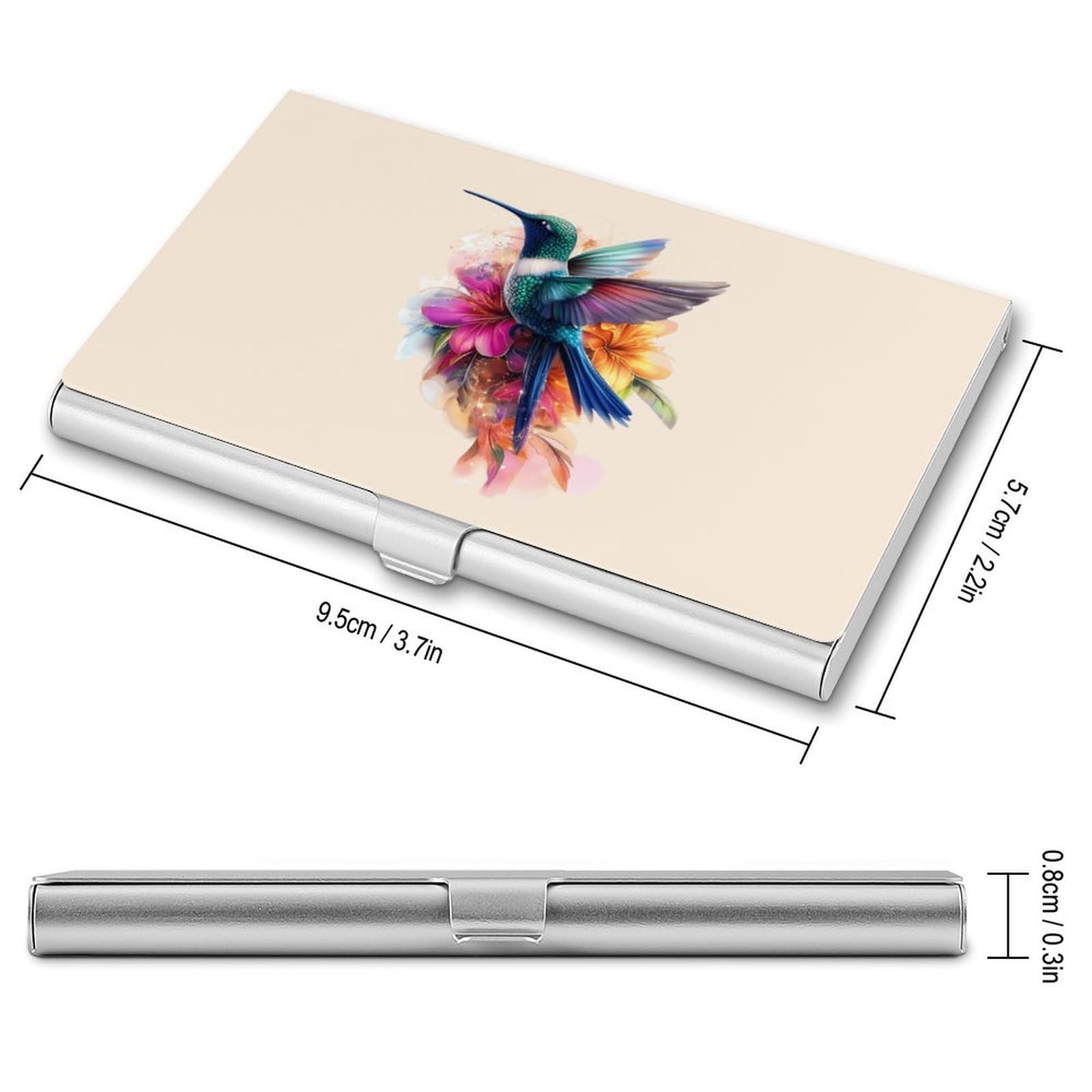 Hummingbird Flower Watercolor Slim Business Card Holder Wallet for Men & Women Pocket Metal Case 3.7x2.2x0.3 Inches