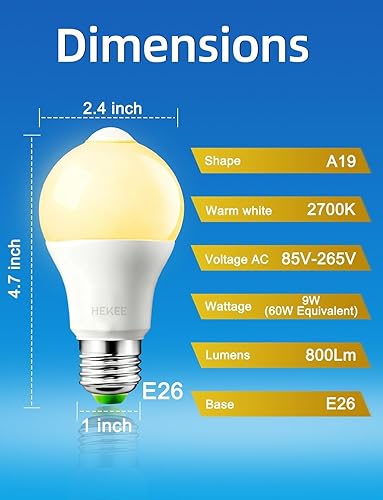 Miniatura 7 de HEKEE Bombilla LED con sensor de movimiento de 9 W, A19 PIR, infrarrojos integrados equivalentes a 60 W, 810 lúmenes, base E26, bombillas blancas