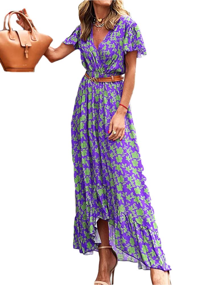 ticticlily Vestidos Mujer Verano Larga Boho Elegante Maxi Vestido Manga Corta y Cuello V Estampado Florales Vestidos Casual Playa Fiesta Vestidos sin Manga del Cordón Talla Grande