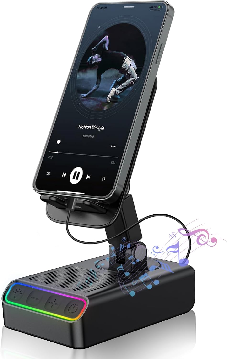 Wireless Induction Speaker, 5-in-1 Cell Phone Stand with Wireless Bluetooth Speaker for iPhone Android Phone Speakers Amplifier with Colorful Ambient Light, Gift for Men Women(Black)